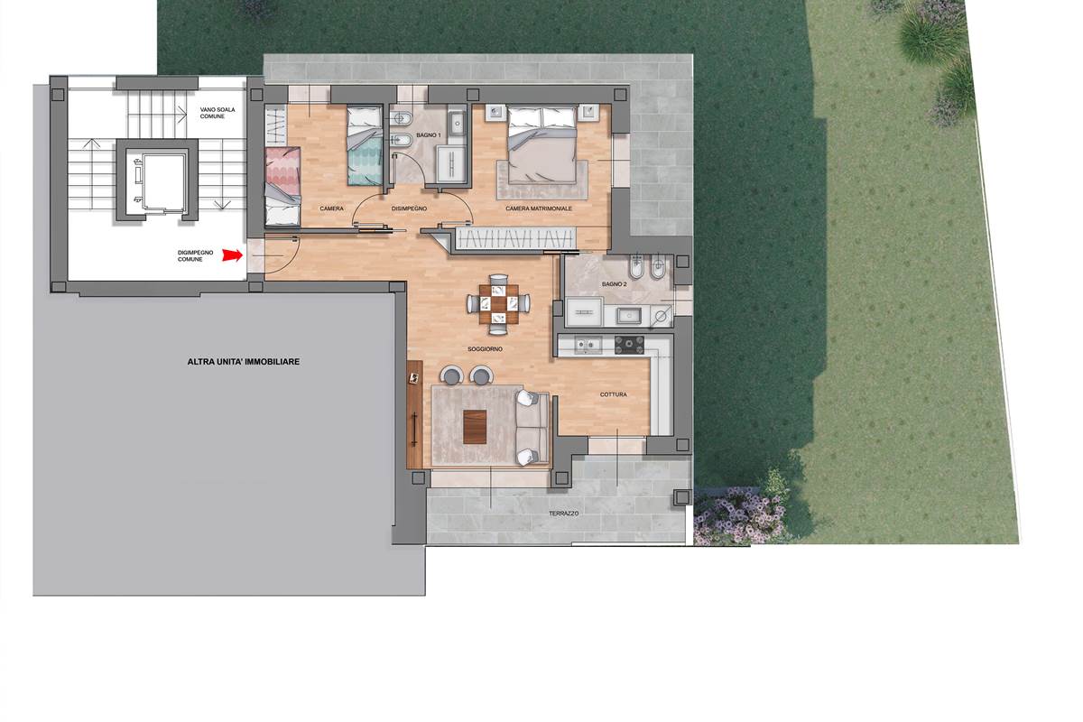 Casnate con Bernate Via Mascagni - App.  B/3: trilocale con giardino, loggiato e portico