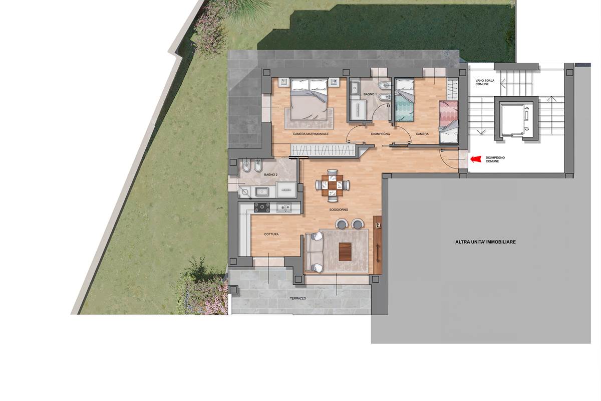 A/1 - Elegante Trilocale con terrazzo loggiato e ampio gardino 